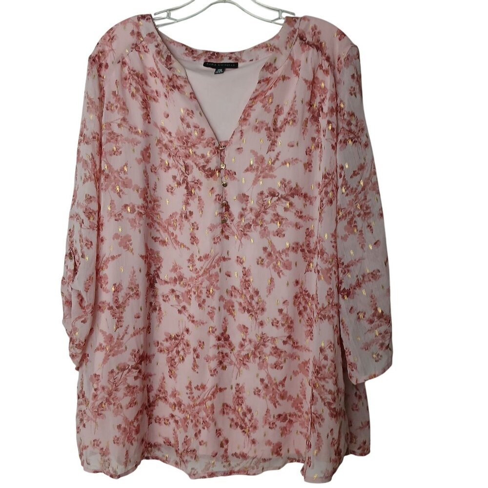 Sara Michelle 3X Pink Top Floral & Gold Sheer VNeck  Button Tab Sleeves #I-7